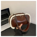 Brown leather crossbody bag with white faux shearling trim and stylish metal chain - Coffee