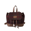Sac à dos en laine à carreaux rouge et vert avec garniture en cuir brun et cordon - Marron