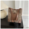 Retro houndstooth tote bag in beige and brown with adjustable leather drawstring - Brown