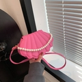 Pink shell-shaped crossbody bag with pearl handle and wave texture for fashion women - Rose Red