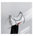 Minimalist white leather crescent underarm bag with thick silver chain and shoulder strap - White