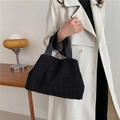 Fuzzy black fleece bucket bag with wide textile handles for autumn winter style - Black