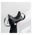 Minimalist black PU leather underarm bag with bold silver metal chain and pendant - Black
