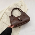 Retro dark brown matte leather handbag with white stitching and silver square buckle - Brown