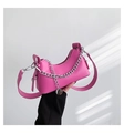 Minimalist hot pink crescent underarm bag with silver chain and wide leather strap - Rose Red