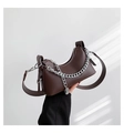 Minimalist dark brown crescent underarm bag with silver chain and leather strap - Coffee