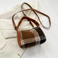 Brown plaid plush mini barrel bag with corduroy handles and crossbody strap for winter - Brown