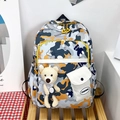 Kids camo backpack in grey and yellow with plush bear charm and detachable pocket - Yellow