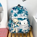 Children's stylish camouflage backpack in navy and grey with a cute bear plush charm - Green