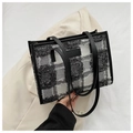 Bolso tote de tweed a cuadros étnicos con asas de cuero negro y detalles de flecos - Cuadros blanco y negro / Estilo 1 Sin Colgante