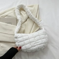 Minimalist white quilted shoulder bag with ruched strap and stylish cloud-like texture - White