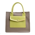 Taupe and green contrast leather tote bag with elegant gold buckle and top handle - Green