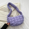 Minimalist purple quilted puffer shoulder bag with a square stitched texture for women - Purple