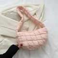 Minimalist light pink quilted puff shoulder bag with satin finish and moon shape - Pink