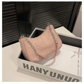 Pink sherpa fleece crescent shoulder bag with silver chain and leather strap details - Pink