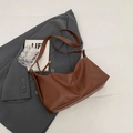 Brown litchi grain leather shoulder bag with minimalist retro tote design and adjustable strap - Brown