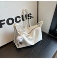 White lychee pattern leather tote bag with monster plush pendant and silver hardware - White (with Pendant)