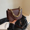 Dark brown faux crocodile leather crossbody bag with chunky gold chain strap - Brown