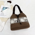 Brown canvas drawstring bucket bag featuring white lace sunflower pattern and wide strap - Dark Brown