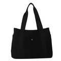 Minimalist black corduroy tote bag with gold snap button and wide fabric straps - Black