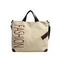Grote beige canvas tote bag met bruine banden en verticale rode fashion print - Khaki