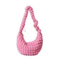 Elegante bolso de hombro rosa con textura de palomitas y diseño de tela elástica - Rosa Rojo