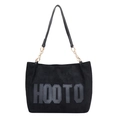 Large black plush tote bag with HOOTO letter embroidery and gold chain shoulder strap - Black