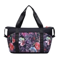 Large capacity floral printed travel tote bag with black nylon and red zipper detail - Black Round Leaf