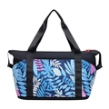 Large travel tote bag with tropical leaf print and waterproof nylon fabric in navy blue - Blue Leaf