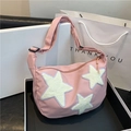 Borsa a tracolla in nylon rosa con stelle di peluche e tracolla regolabile da donna - Rosa