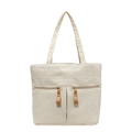 Elegante borsa tote in velluto a coste beige con doppie cerniere e tiranti in pelle - Bianco Sporco