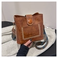 Brown leather bucket bag with gold rivets and colorful ethnic shoulder strap detail - Without Pendant / Tan