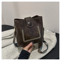 Detail of vintage brown leather bucket bag with gold rivets and geometric wide strap - Without Pendant / Coffee