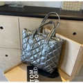 Chic silver metallic quilted puffer tote bag with glossy finish and rhombic pattern - Silver