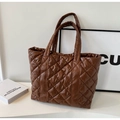 Brown quilted puffer tote bag with glossy metallic finish and diamond pattern - Tan