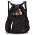 Black lightweight drawstring backpack featuring pink Rabbit Love print and top zip pocket - Black