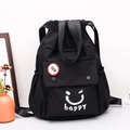Mochila Oxford negra con cordón, estampado de cara feliz y detalle de insignia OFF - Letras Sonrientes