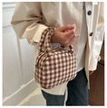 Detail of vintage brown and white plaid tote bag showing tweed texture and zipper - Khaki Without Pendant