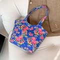 Ethnic style floral tote bag with blue dragon patterns and large capacity storage - Blue