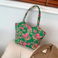 Ethnic style large tote bag with green floral peony and dragon pattern canvas fabric - Green