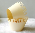 Laser cut yellow baby shower cupcake wrappers featuring stroller and baby lettering - 5x5x8CM / Beige