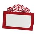 Elegant red and white laser-cut lace place cards for wedding seating and table decorations - Pearlescent Red