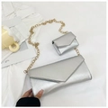 Silver envelope-style crossbody bag with chain strap and matching mini pouch set - Silver