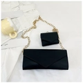 Fashionable black envelope shoulder bag set with gold chain strap and mini purse pouch - Black