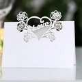 Elegant white pearlescent laser cut heart-shaped place card with Love cutout for wedding tables - White