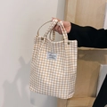 Khaki und weißer Shopper aus Segeltuch mit Hahnentrittmuster und Henkelgriff - Khaki