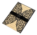 Elegant laser cut butterfly wedding invitation with black ribbon and kraft paper insert - Solid Black