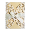 Elegant laser-cut butterfly wedding invitation card with cream paper and a white satin ribbon bow - White