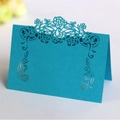 Peacock blue laser-cut floral place card for weddings with hollow heart design - Sky Blue
