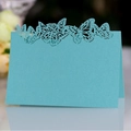 Light blue laser-cut butterfly place card made of premium pearlescent paper for weddings - Tiffany Blue